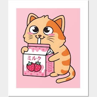 Strawberry Shake Strawberry Milk Cat Posters and Art